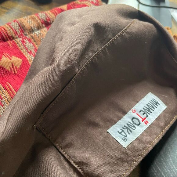 MINNETONKA Genuine Leather Cross Body Purse, Boho Aztec Embroidered, Side Fringe - Picture 8 of 13